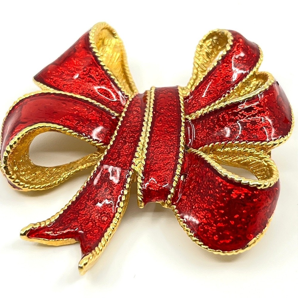 Vintage AJC Red Enamel Bow Brooch, Gold Tone Textured Holiday Ribbon Pin Classic